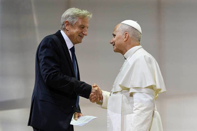 IPA87698453 - Rimini, August 22, 2026: Pastoral visit by Pope Leo XIV to the Meeting for Friendship Among Peoples: Pope Leo XIV meets with participants at the Meeting and greets Bernhard Scholz, president of the Meeting  Copyright: xSimonexRisolutix xx 87698453