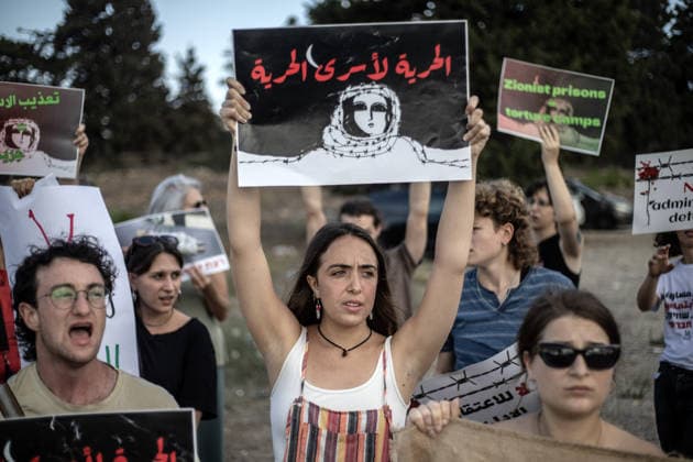 Protest outside Israeli prison demanding end to administrative detention for Palestinians HAIFA, ISRAEL - AUGUST 22: Palestinian and Israeli human rights activists gather outside Damon Prison near Haifa, Israel, on August 22, 2026, to protest the ongoing administrative detention and reported mistreatment of Palestinian female political prisoners. Demonstrators held banners calling for an immediate end to indefinite detention without trial or charge, highlighting systemic rights violations and severe prison conditions while demanding the release of all detained women. Mostafa Alkharouf Anadolu Haifa Israel. Editorial use only. Please get in touch for any other usage.  Copyright: x2026xAnadoluxMostafaxAlkharoufx