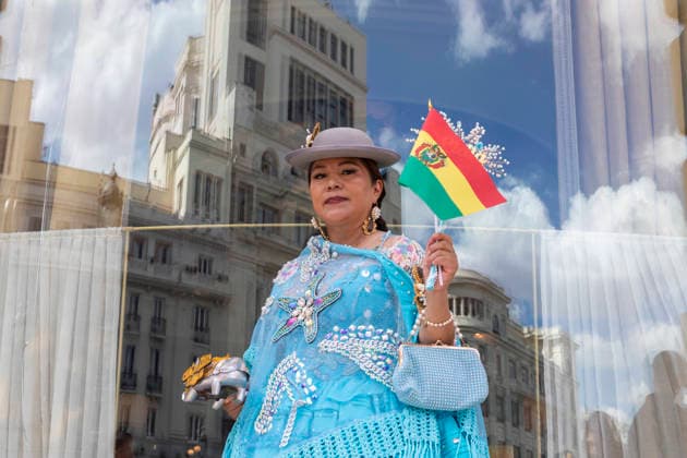 August 22, 2026, Madrid, Madrid, USA: A members of the Fraternidad Morenada Chacaltaya 97 punto 16 poses for a photo before the Festividad de la Virgen de Urkupina along the Gran Via in Madrid, Spain on Saturday, August 22, 2026. Thousands of dancers and dozens of fraternal organizations process along the Gran VoÂ­a in the annual celebration in honor of BoliviaÃ¢â‚¬â ¢s Virgin of Urkupina. Madrid USA  - ZUMAg235 20260822_zap_g235_002 Copyright: xPaulxChristianxGordonx
