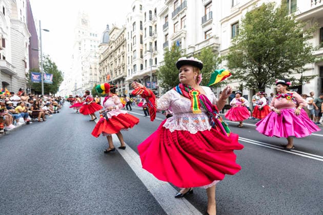 August 22, 2026, Madrid, Madrid, USA: Participants perform a folk dance during the Festividad de la Virgen de Urkupina along the Gran Via in Madrid, Spain on Saturday, August 22, 2026. Thousands of dancers and dozens of fraternal organizations process along the Gran VoÂ­a in the annual celebration in honor of BoliviaÃ¢â‚¬â ¢s Virgin of Urkupina. Madrid USA  - ZUMAg235 20260822_zap_g235_003 Copyright: xPaulxChristianxGordonx