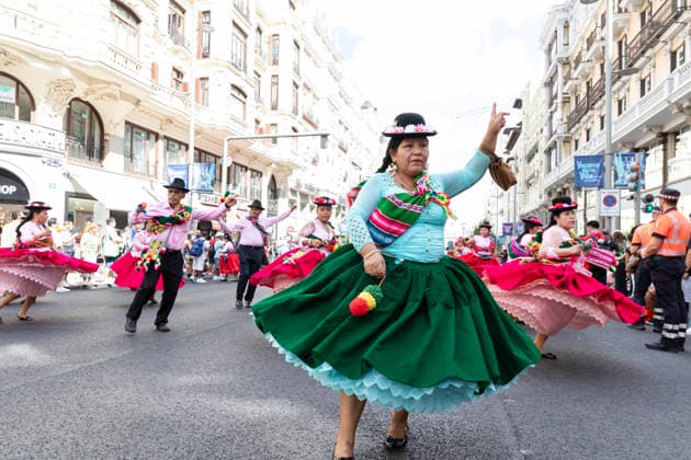 August 22, 2026, Madrid, Madrid, USA: Participants perform a folk dance during the Festividad de la Virgen de Urkupina along the Gran Via in Madrid, Spain on Saturday, August 22, 2026. Thousands of dancers and dozens of fraternal organizations process along the Gran VoÂ­a in the annual celebration in honor of BoliviaÃ¢â‚¬â ¢s Virgin of Urkupina. Madrid USA - ZUMAg235 20260822_zap_g235_007 Copyright: xPaulxChristianxGordonx