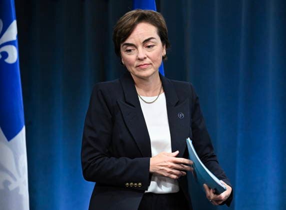 August 22, 2026, Montreal, Pq, Canada: Quebec Premier Christine Frechette arrives to a news conference in response to the breakdown of Canada-US trade negotiations, in Montreal, on Saturday, Aug. 22, 2026. Montreal Canada  - ZUMAc35_ 20260822_zaf_c35_022 Copyright: xGrahamxHughesx