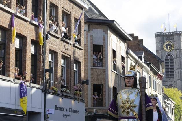Monsieur et Madame Goliath pictured during the 2026 edition of the Ducasse festivities with the marriage of the two giants, Monsieur et Madame Goliath , in Ath, on Saturday 22 August 2026.  NICOLASxMAETERLINCK 184020672