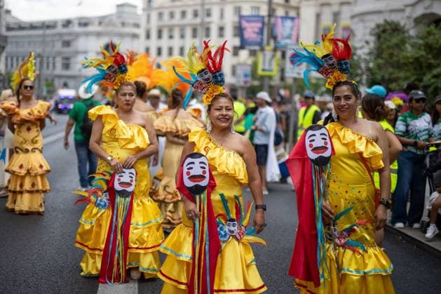August 22, 2026, Madrid, Madrid, Spain: MADRID, SPAIN, AUGUST 22, 2026: Participants take part in a procession and folkloric parade along Madrid s Gran VoÂ­a in honor of the Virgin of UrkupioÂ±a. The event features traditional Bolivian dances, including Morenada, Caporales and Tinkus. Madrid Spain - ZUMAq101 20260822_zna_q101_110 Copyright: xC.xCarvajalx