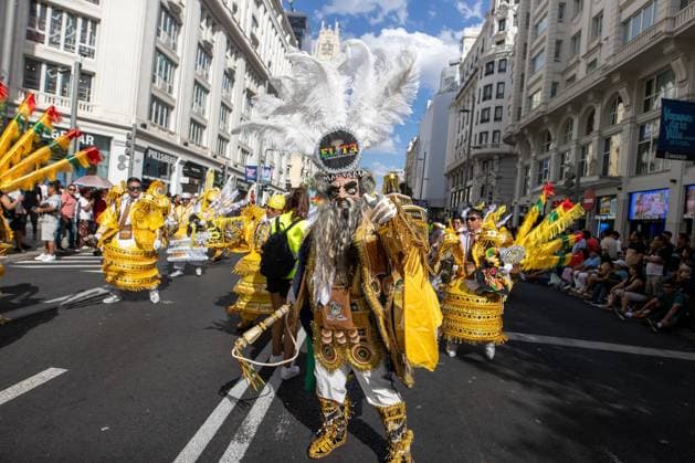 August 22, 2026, Madrid, Madrid, Spain: MADRID, SPAIN, AUGUST 22, 2026: Participants take part in a procession and folkloric parade along Madrid s Gran VoÂ­a in honor of the Virgin of UrkupioÂ±a. The event features traditional Bolivian dances, including Morenada, Caporales and Tinkus. Madrid Spain  - ZUMAq101 20260822_zna_q101_113 Copyright: xC.xCarvajalx