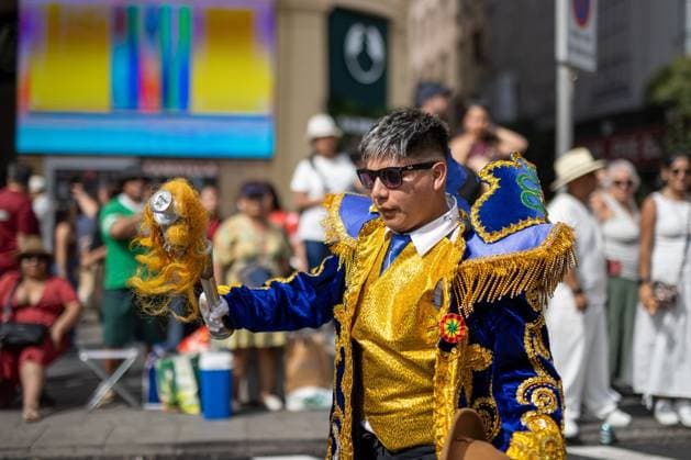 August 22, 2026, Madrid, Madrid, Spain: MADRID, SPAIN, AUGUST 22, 2026: Participants take part in a procession and folkloric parade along Madrid s Gran VoÂ­a in honor of the Virgin of UrkupioÂ±a. The event features traditional Bolivian dances, including Morenada, Caporales and Tinkus. Madrid Spain  - ZUMAq101 20260822_zna_q101_115 Copyright: xC.xCarvajalx