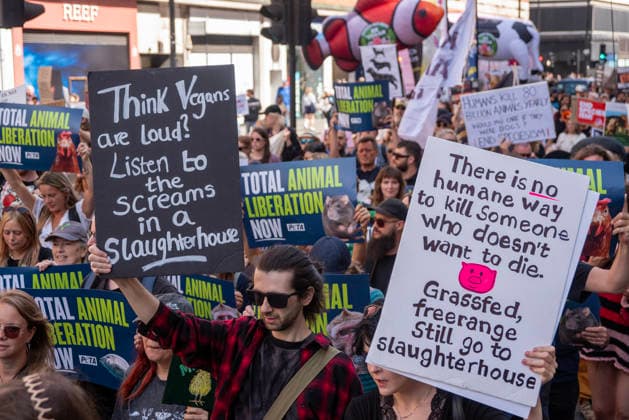 August 22, 2026, London, United Kingdom: Activists hold placards expressing their opinion during the demonstration. Animal rights activists gathered in central London, UK to march on the 10th National Animal Rights March (NARM). During the march the protesters raise awareness to treat the animals fairly and not being used as a property or resources. London United Kingdom - ZUMAs197 20260822_aaa_s197_351 Copyright: xKrisztianxElekx