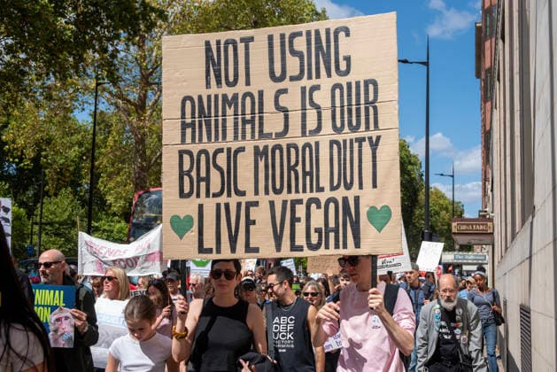 August 22, 2026, London, United Kingdom: Activists hold a large placard during the demonstration. Animal rights activists gathered in central London, UK to march on the 10th National Animal Rights March (NARM). During the march the protesters raise awareness to treat the animals fairly and not being used as a property or resources. London United Kingdom  - ZUMAs197 20260822_aaa_s197_376 Copyright: xKrisztianxElekx