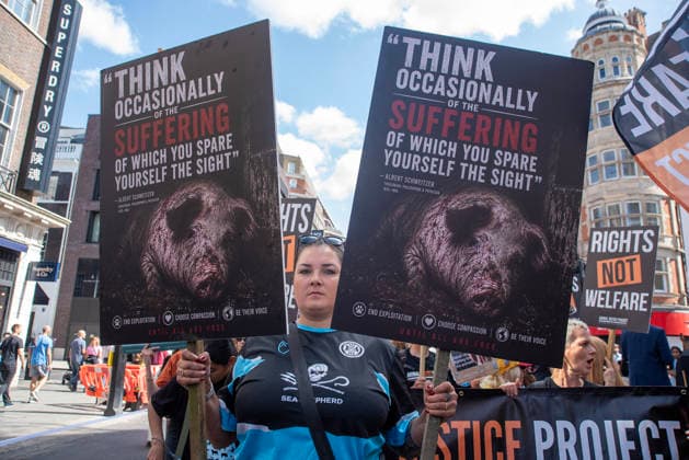 August 22, 2026, London, United Kingdom: An activist holds placards during the demonstration. Animal rights activists gathered in central London, UK to march on the 10th National Animal Rights March (NARM). During the march the protesters raise awareness to treat the animals fairly and not being used as a property or resources. London United Kingdom - ZUMAs197 20260822_aaa_s197_363 Copyright: xKrisztianxElekx