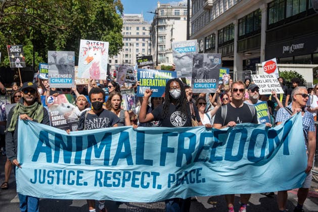 August 22, 2026, London, United Kingdom: Activists march with placards and a banner expressing their opinion during the demonstration. Animal rights activists gathered in central London, UK to march on the 10th National Animal Rights March (NARM). During the march the protesters raise awareness to treat the animals fairly and not being used as a property or resources. London United Kingdom  - ZUMAs197 20260822_aaa_s197_381 Copyright: xKrisztianxElekx