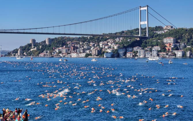 38th Bosphorus Cross-Continental Swimming Race ISTANBUL, TURKIYE - AUGUST 23: An aerial view of swimmers competing in the 38th Bosphorus Cross-Continental Swimming Race in Istanbul, Turkiye, on August 23, 2026. Organized by the Turkish National Olympic Committee (TMOK), the race starts from Kanlica Pier on the Asian side and finishes in Kurucesme on the European side. Saffet Azak Anadolu Istanbul Turkey. Editorial use only. Please get in touch for any other usage.  Copyright: x2026xAnadoluxSaffetxAzakx