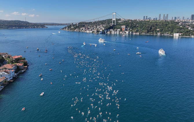 38th Bosphorus Cross-Continental Swimming Race ISTANBUL, TURKIYE - AUGUST 23: An aerial view of swimmers competing in the 38th Bosphorus Cross-Continental Swimming Race in Istanbul, Turkiye, on August 23, 2026. Organized by the Turkish National Olympic Committee (TMOK), the race starts from Kanlica Pier on the Asian side and finishes in Kurucesme on the European side. Saffet Azak Anadolu Istanbul Turkey. Editorial use only. Please get in touch for any other usage.  Copyright: x2026xAnadoluxSaffetxAzakx