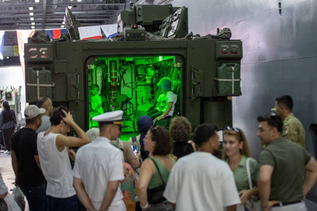 TEKNOFEST Blue Homeland KOCAELI, TURKIYE - AUGUST 23: Visitors view armored military vehicles displayed during TEKNOFEST Blue Homeland at the Golcuk Naval Shipyard Command in Kocaeli, Turkiye, on August 23, 2026. TCG Sancaktar carries out military missions including amphibious operations and mine-laying, and can also serve as a hospital, logistics support and evacuation ship in disaster zones. The event, organized under the leadership of the Turkish Ministry of National Defense and the Turkish Technology Team Foundation (T3 Foundation), with Anadolu serving as its Global Communication Partner, continues on its final day. Ibrahim Yozoglu Anadolu Kocaeli Turkey. Editorial use only. Please get in touch for any other usage.  Copyright: x2026xAnadoluxIbrahimxYozoglux