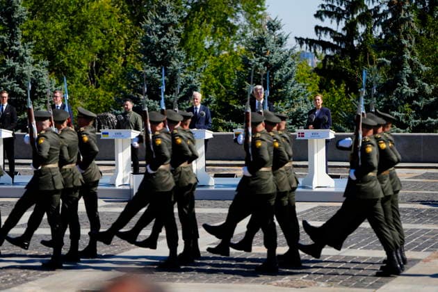 UKRAINDE Denmark s Prime Minister Mette Frederiksen participates in the commemoration of Flag Day Ukraine s President Volodymyr Zelensky, Latvia s Prime Minister Andris Kulbergs, Finland s President Alexander Stubb, Estonia s Prime Minister Kristen Michal, Norway s Prime Minister Jonas Gahr Stoere, Lithuania s President Gitanas NausA , Kyiv Denmark *** UKRAINE: Denmark’s Prime Minister Mette Frederiksen participates in the commemoration of Flag Day; Ukraine’s President Volodymyr Zelensky, Latvia’s Prime Minister Andris Kulbergs, Finland’s President Alexander Stubb, Estonia’s Prime Minister Kristen Michal, Norway’s Prime Minister Jonas Gahr Støre, Lithuania’s President Gitanas NausA, Kyiv, Denmark  Copyright: MadsxClausxRasmussenx spdk20260823-113301-L