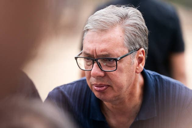 August 23, 2026, Umarak, Vojvodina, Serbia: 2026823, A umarak, Serbia -Serbian President VUCIC ALEKSANDAR visits the Deliblato Sands (Deliblatska Pescara) Special Nature Reserve to inspect the areas devastated by a massive wildfire. The president held an outdoor briefing and shared a meal with firefighters, military personnel, and rescue teams to discuss the ongoing response to the natural disaster. Umarak Serbia - ZUMAd223 20260823_zip_d223_011 Copyright: xMarkoxDimicx