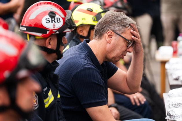 August 23, 2026, Umarak, Vojvodina, Serbia: 2026823, A umarak, Serbia -Serbian President VUCIC ALEKSANDAR visits the Deliblato Sands (Deliblatska Pescara) Special Nature Reserve to inspect the areas devastated by a massive wildfire. The president held an outdoor briefing and shared a meal with firefighters, military personnel, and rescue teams to discuss the ongoing response to the natural disaster. Umarak Serbia - ZUMAd223 20260823_zip_d223_012 Copyright: xMarkoxDimicx
