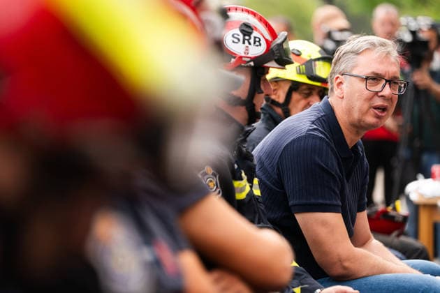 August 23, 2026, Umarak, Vojvodina, Serbia: 2026823, A umarak, Serbia -Serbian President VUCIC ALEKSANDAR visits the Deliblato Sands (Deliblatska Pescara) Special Nature Reserve to inspect the areas devastated by a massive wildfire. The president held an outdoor briefing and shared a meal with firefighters, military personnel, and rescue teams to discuss the ongoing response to the natural disaster. Umarak Serbia - ZUMAd223 20260823_zip_d223_015 Copyright: xMarkoxDimicx