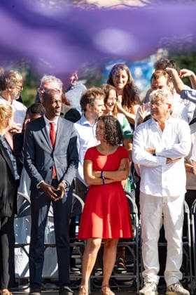 NEWS : Jean Luc Melenchon - AMFIS - La France Insoumise - Chateauneuf-sur-Isere - 23 08 2026 Bally Bagayoko, Manon Aubry, Eric Coquerel parmi la garde rapprochÃ e de Jean-Luc MÃ lenchon sur la tribune des AMFIS 2026, universitÃ d Ã tÃ de la France Insoumise, Ã ChÃ¢teauneuf-sur-Isere le 23 08 2026. Photo Sandrine Thesillat PsNewZ  Copyright: xSandrinexThesillatx