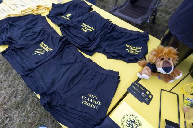 Merchandising pictured during the IJzerwake at the IJzertreffen radical Flemish far-right gathering at the Gebroeders Van Raemdonck Monument in Zuidschote, Ieper (Ypres), Sunday 23 August 2026. The Ijzerwake commemorates the victims of the two World Wars combined with a rally for Flemish independence. The event derives its name from the IJzer (Yser) river where the most deadly battles of WWI were fought.  NICOLASxMAETERLINCK 184068176