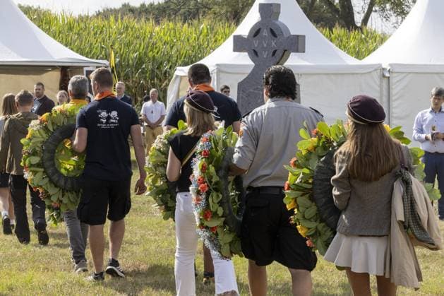 This image shows the IJzerwake at the IJzertreffen radical Flemish far-right gathering at the Gebroeders Van Raemdonck Monument in Zuidschote, Ieper (Ypres), Sunday 23 August 2026. The Ijzerwake commemorates the victims of the two World Wars combined with a rally for Flemish independence. The event derives its name from the IJzer (Yser) river where the most deadly battles of WWI were fought.  NICOLASxMAETERLINCK 184067759