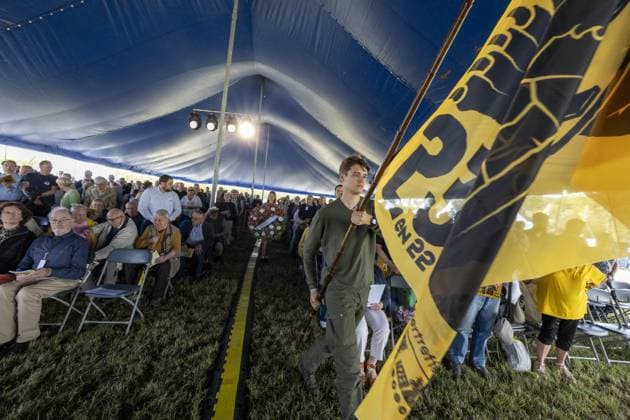 This image shows the IJzerwake at the IJzertreffen radical Flemish far-right gathering at the Gebroeders Van Raemdonck Monument in Zuidschote, Ieper (Ypres), Sunday 23 August 2026. The Ijzerwake commemorates the victims of the two World Wars combined with a rally for Flemish independence. The event derives its name from the IJzer (Yser) river where the most deadly battles of WWI were fought.  NICOLASxMAETERLINCK 184067924