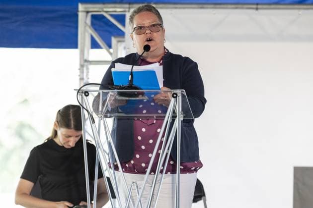 A volunteer of the VZW Ijzerfront delivers a speech during the IJzerwake at the IJzertreffen radical Flemish far-right gathering at the Gebroeders Van Raemdonck Monument in Zuidschote, Ieper (Ypres), Sunday 23 August 2026. The Ijzerwake commemorates the victims of the two World Wars combined with a rally for Flemish independence. The event derives its name from the IJzer (Yser) river where the most deadly battles of WWI were fought.  NICOLASxMAETERLINCK 184068016