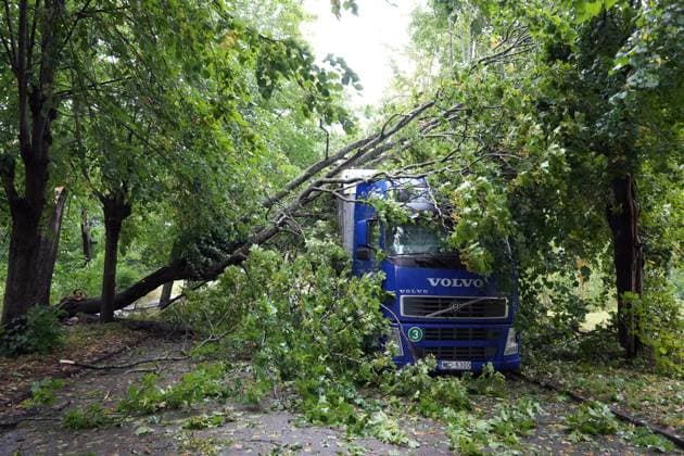 August 23, 2026, Riga, Latvija: The aftermath of a powerful storm is seen in Riga, Latvia, Aug. 23, 2026. Fallen and uprooted trees are scattered across residential areas, damaging parked cars, blocking roads and walkways, and posing a threat to nearby buildings. The storm, which swept across Latvia on Saturday evening and overnight, caused widespread damage across the country, with Riga recording the highest number of reports of storm-related incidents. As of Sunday morning, emergency services had received nearly 1,900 reports of damage caused by strong winds nationwide. Riga Latvija  - ZUMAp305 20260823_zip_p305_020 Copyright: xEdijsxPalensx