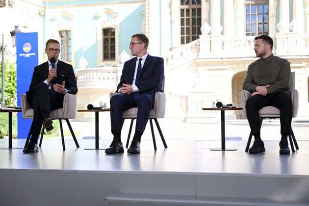 LKS 20260823 Finland s President Alexander Stubb (L), Estonia s Prime Minister Kristen Michal and President of Ukraine Volodymyr Zelensky during the joint press conference of the Ukraine-Nordic-Baltic Summit in Kyiv, Ukraine on August 23, 2026. - ANTTI AIMO-KOIVISTO Kiova Ukraina  Copyright: xAnttixAimo-Koivistox JXIbG9gFL4U
