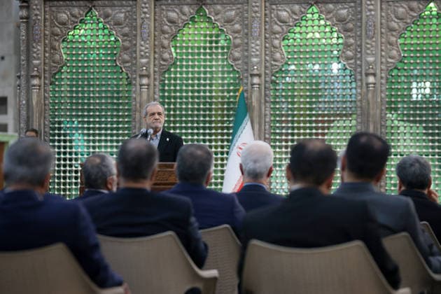Iranian President Masoud Pezeshkian TEHRAN, IRAQ - AUGUST 23: (----EDITORIAL USE ONLY – MANDATORY CREDIT - IRANIAN PRESIDENCY HANDOUT - NO MARKETING NO ADVERTISING CAMPAIGNS - DISTRIBUTED AS A SERVICE TO CLIENTS----) Iranian President Masoud Pezeshkian speaks during an event to mark the first day of the Government Week at the mausoleum of Ayatollah Ruhollah Khomeini, the founder of the Islamic Republic of Iran, in Tehran, Iran on August 23, 2026. Iranian Presidency Anadolu Tehran Iran. Editorial use only. Please get in touch for any other usage.  Copyright: x2026xAnadoluxIranianxPresidencyx
