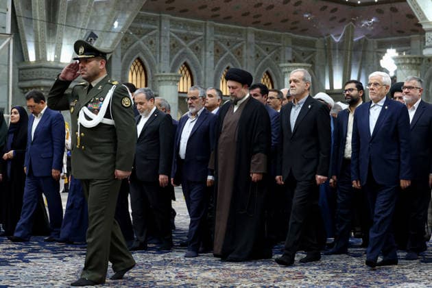 Iranian President Masoud Pezeshkian TEHRAN, IRAQ - AUGUST 23: (----EDITORIAL USE ONLY – MANDATORY CREDIT - IRANIAN PRESIDENCY HANDOUT - NO MARKETING NO ADVERTISING CAMPAIGNS - DISTRIBUTED AS A SERVICE TO CLIENTS----) Iranian President Masoud Pezeshkian (not seen) speaks during an event to mark the first day of the Government Week at the mausoleum of Ayatollah Ruhollah Khomeini, the founder of the Islamic Republic of Iran, in Tehran, Iran on August 23, 2026. Iranian Presidency Anadolu Tehran Iran. Editorial use only. Please get in touch for any other usage.  Copyright: x2026xAnadoluxIranianxPresidencyx