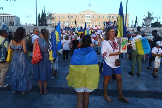August 23, 2026, Athens, Greece: Ukrainians gathered in Syntagma Square in Athens to mark the 35th anniversary of UkraineÃ¢â‚¬â ¢s independence. The blue-and-yellow flags filled the square as members of the Ukrainian community came together to commemorate August 24, 1991, when Ukraine declared its independence, and to express their solidarity with their homeland. Athens Greece  - ZUMAv62_ 20260823_zaf_v62_005 Copyright: xAristidisxVafeiadakisx