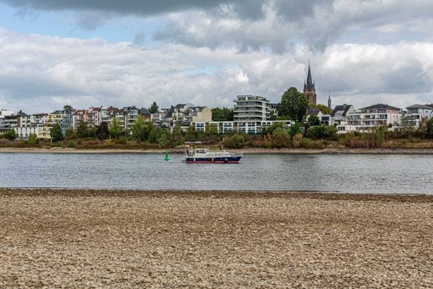 Blick auf das ausgetrocknete Flussbett des Rheins und Porz auf der rechten Rheinseite, gesehen vom Weißer Rheinbogen bei Köln-Sürth. Von den Tiefstständen haben sich die Pegelständde am Rhein inzwischen wieder leicht entfernt. Niedrigwasser Rhein *** View of the dried-up riverbed of the Rhine and Porz on the right bank of the Rhine, as seen from the Weißer Rheinbogen near Cologne-Sürth. Water levels on the Rhine have since risen slightly from their lowest points. Low water on the Rhine
