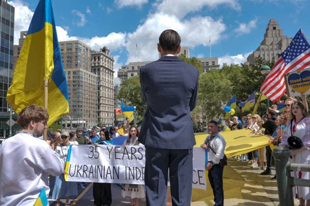 August 23, 2026, New York, New York, USA: Addressing the crowd at the Annual Ukrainian Independence March celebrating freedom from foreign domination. A large crowd .marched from Foley Square down Broadway to Bowling Green in Lower Manhattan commemorating .Ukraine freedom from Soviet Union oppression on Aujust 24. Carrying the blue and yellow flag of Ukraine as well as the US flag they carried the message of fighting back against Russia trying to continue their colonial empire. Ukraine is standing strong..Standing for democracy not tyranny. New York USA  - ZUMAh156 20260823_znp_h156_011 Copyright: xMiloxHessx