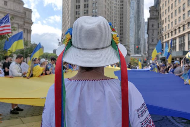 August 23, 2026, New York, New York, USA: Annual Ukrainian Independence March celebrating freedom from foreign domination. A large crowd .marched from Foley Square down Broadway to Bowling Green in Lower Manhattan commemorating .Ukraine freedom from Soviet Union oppression on Aujust 24. Carrying the blue and yellow flag of Ukraine as well as the US flag they carried the message of fighting back against Russia trying to continue their colonial empire. Ukraine is standing strong..Standing for democracy not tyranny. New York USA  - ZUMAh156 20260823_znp_h156_012 Copyright: xMiloxHessx