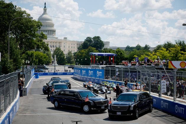 August 23, 2026, Washington, District Of Columbia, USA: U.S. President Donald Trump s presidential limousine waits on the racetrack, at the Freedom 250 Grand Prix IndyCar series race in Washington, D.C., U.S., August 23, 2026 Washington USA - ZUMAs152 20260823_faa_s152_032 Copyright: xEvanxVuccix-xPoolxviaxCNPx