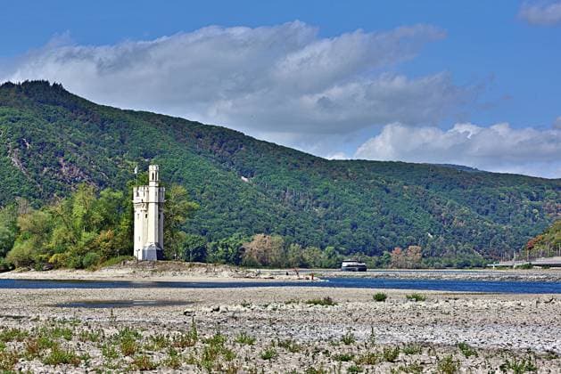 23.8.2026 Dürre Der extrem niederige Wasserstand des Rhein. Große Teile des Binger Lochs an de Nahemündung liegen trocken. Die Menschen spazieren dort wo sonst meterhoch das Wasser fließt. Die Fahrrinne für die Schifffahrt ist nur eingeschränkt nutzbar. Bingen Rhein Rheinland Pfalz Deutschland *** August 23, 2026 Drought The water level of the Rhine is extremely low. Large parts of the Binger Loch at the mouth of the Nahe are dry. People are walking where the water would normally flow meters high. The shipping channel is only partially usable. Bingen, Rhine, Rhineland-Palatinate, Germany