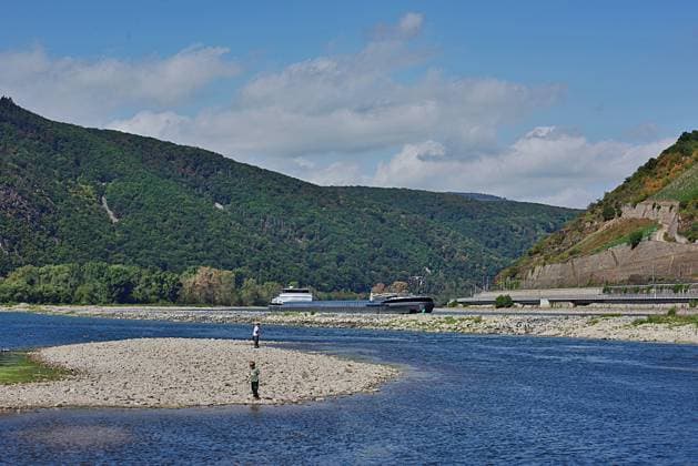 23.8.2026 Dürre Der extrem niederige Wasserstand des Rhein. Große Teile des Binger Lochs an de Nahemündung liegen trocken. Die Menschen spazieren dort wo sonst meterhoch das Wasser fließt. Die Fahrrinne für die Schifffahrt ist nur eingeschränkt nutzbar. Bingen Rhein Rheinland Pfalz Deutschland *** August 23, 2026 Drought The water level of the Rhine is extremely low. Large parts of the Binger Loch at the mouth of the Nahe are dry. People are walking where the water would normally flow meters high. The shipping channel is only partially usable. Bingen, Rhine, Rhineland-Palatinate, Germany