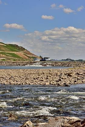 23.8.2026 Dürre Der extrem niederige Wasserstand des Rhein. Große Teile des Binger Lochs an de Nahemündung liegen trocken. Die Menschen spazieren dort wo sonst meterhoch das Wasser fließt. Die Fahrrinne für die Schifffahrt ist nur eingeschränkt nutzbar. Im Flussbett bilden sich flache Stromschnellen und Fälle. Bingen Rhein Rheinland Pfalz Deutschland *** August 23, 2026 Drought The water level of the Rhine is extremely low. Large parts of the Binger Loch at the mouth of the Nahe are dry. People are walking where the water would normally flow meters high. The shipping channel is only partially usable. Shallow areas are forming in the riverbed rapids and waterfalls are forming in the riverbed Bingen Rhine Rhineland-Palatinate Germany