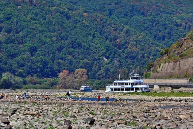 23.8.2026 Dürre Der extrem niederige Wasserstand des Rhein. Große Teile des Binger Lochs an de Nahemündung liegen trocken. Die Menschen spazieren dort wo sonst meterhoch das Wasser fließt. Die Fahrrinne für die Schifffahrt ist nur eingeschränkt nutzbar. Bingen Rhein Rheinland Pfalz Deutschland *** August 23, 2026 Drought The water level of the Rhine is extremely low. Large parts of the Binger Loch at the mouth of the Nahe are dry. People are walking where the water would normally flow meters high. The shipping channel is only partially usable. Bingen, Rhine, Rhineland-Palatinate, Germany