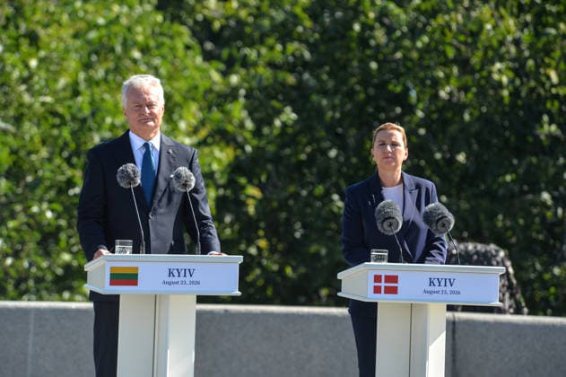 President of Lithuania Gitanas Nauseda (L) and Prime Minister of Denmark Mette Frederiksen participate in the ceremony to raise the State Flag at the National Museum of the History of Ukraine in the Second World War Memorial Complex on National Flag Day, Kyiv, Ukraine, August 23, 2026. (Photo by Yevhen Kotenko Ukrinform) Raising of State Flag of Ukraine in Kyiv  Copyright: xYevhenxKotenkox