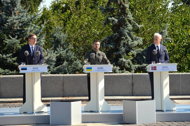 Prime Minister of Estonia Kristen Michal, President of Ukraine Volodymyr Zelenskyy and Prime Minister of Norway Jonas Gahr Store (L to R) participate in the ceremony to raise the State Flag at the National Museum of the History of Ukraine in the Second World War Memorial Complex on National Flag Day, Kyiv, Ukraine, August 23, 2026. (Photo by Yevhen Kotenko Ukrinform) Raising of State Flag of Ukraine in Kyiv  Copyright: xYevhenxKotenkox