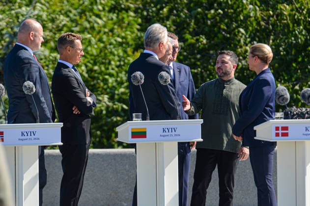 Prime Minister of Latvia Andris Kulbergs, President of Finland Alexander Stubb, President of Lithuania Gitanas Nauseda, Prime Minister of Norway Jonas Gahr Store, Prime Minister of Estonia Kristen Michal, President of Ukraine Volodymyr Zelenskyy and Prime Minister of Denmark Mette Frederiksen (L to R) talk during the ceremony to raise the State Flag at the National Museum of the History of Ukraine in the Second World War Memorial Complex on National Flag Day, Kyiv, Ukraine, August 23, 2026. (Photo by Yevhen Kotenko Ukrinform) Raising of State Flag of Ukraine in Kyiv  Copyright: xYevhenxKotenkox