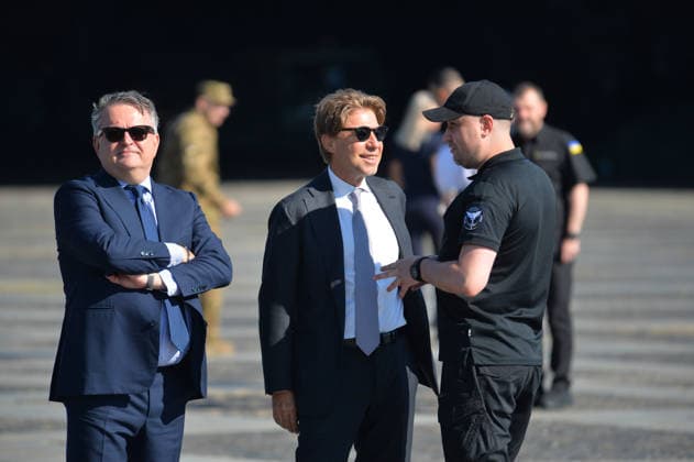 First Deputy Head of the Office of the President of Ukraine Sergiy Kyslytsya, Ambassador of Italy to Ukraine Carlo Formosa and Head of the Office of the President of Ukraine Kyrylo Budanov (L to R) attend the ceremony to raise the State Flag at the National Museum of the History of Ukraine in the Second World War Memorial Complex on National Flag Day, Kyiv, Ukraine, August 23, 2026. (Photo by Yevhen Kotenko Ukrinform) Raising of State Flag of Ukraine in Kyiv  Copyright: xYevhenxKotenkox