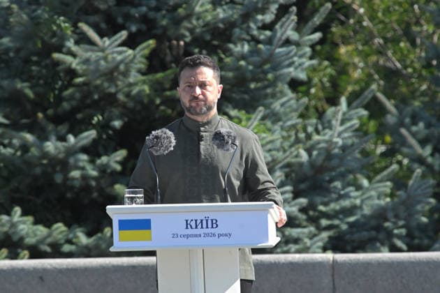 President of Ukraine Volodymyr Zelenskyy delivers a speech during the ceremony to raise the State Flag at the National Museum of the History of Ukraine in the Second World War Memorial Complex on National Flag Day, Kyiv, Ukraine, August 23, 2026. (Photo by Yevhen Kotenko Ukrinform) Raising of State Flag of Ukraine in Kyiv  Copyright: xYevhenxKotenkox