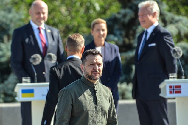 President of Ukraine Volodymyr Zelenskyy participates in the raising of the State Flag at the National Museum of the History of Ukraine in the Second World War Memorial Complex on National Flag Day, Kyiv, Ukraine, August 23, 2026. (Photo by Yevhen Kotenko Ukrinform) Raising of State Flag of Ukraine in Kyiv  Copyright: xYevhenxKotenkox