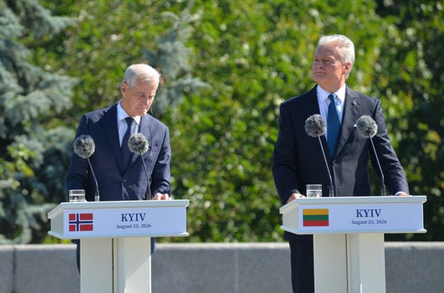 Prime Minister of Norway Jonas Gahr Store (L) and President of Lithuania Gitanas Nauseda participate in the ceremony to raise the State Flag at the National Museum of the History of Ukraine in the Second World War Memorial Complex on National Flag Day, Kyiv, Ukraine, August 23, 2026. (Photo by Yevhen Kotenko Ukrinform) Raising of State Flag of Ukraine in Kyiv  Copyright: xYevhenxKotenkox