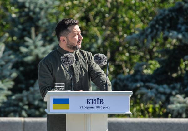President of Ukraine Volodymyr Zelenskyy participates in the raising of the State Flag at the National Museum of the History of Ukraine in the Second World War Memorial Complex on National Flag Day, Kyiv, Ukraine, August 23, 2026. (Photo by Yevhen Kotenko Ukrinform) Raising of State Flag of Ukraine in Kyiv  Copyright: xYevhenxKotenkox