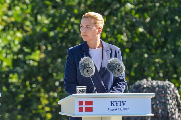 Prime Minister of Denmark Mette Frederiksen participates in the State Flag raising ceremony at the National Museum of the History of Ukraine in the Second World War Memorial Complex on National Flag Day, Kyiv, Ukraine, August 23, 2026. (Photo by Yevhen Kotenko Ukrinform) Raising of State Flag of Ukraine in Kyiv  Copyright: xYevhenxKotenkox
