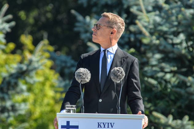 President of Finland Alexander Stubb participates in the State Flag raising ceremony at the National Museum of the History of Ukraine in the Second World War Memorial Complex on National Flag Day, Kyiv, Ukraine, August 23, 2026. (Photo by Yevhen Kotenko Ukrinform) Raising of State Flag of Ukraine in Kyiv  Copyright: xYevhenxKotenkox