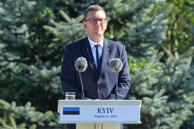 Prime Minister of Estonia Kristen Michal participates in the ceremony to raise the State Flag at the National Museum of the History of Ukraine in the Second World War Memorial Complex on National Flag Day, Kyiv, Ukraine, August 23, 2026. (Photo by Yevhen Kotenko Ukrinform) Raising of State Flag of Ukraine in Kyiv  Copyright: xYevhenxKotenkox